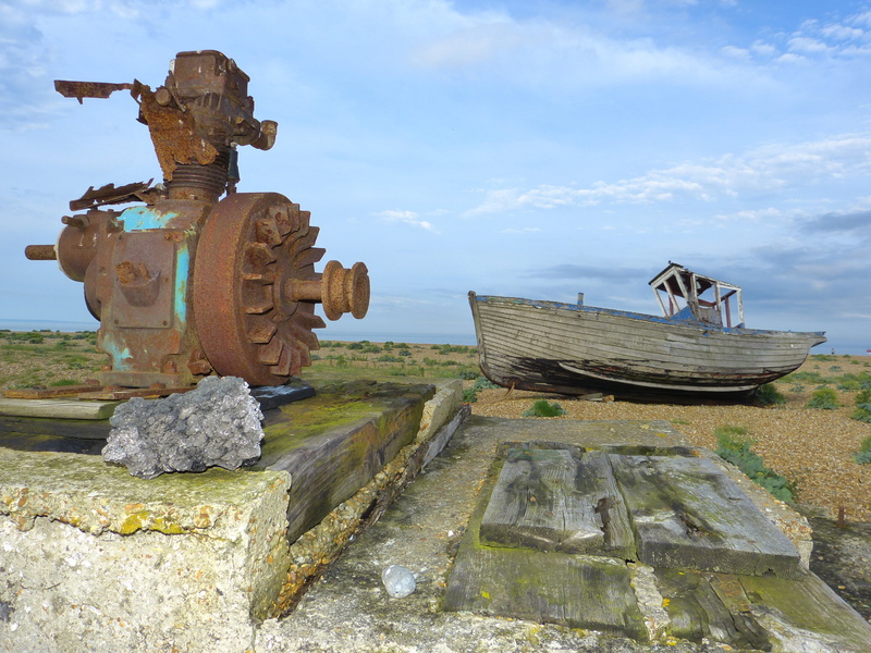 architecture, art and craft, sculpture, motor, sky, no people, dungeness, history, representation, creativity, winch, solid, rusted, deterioration, leave