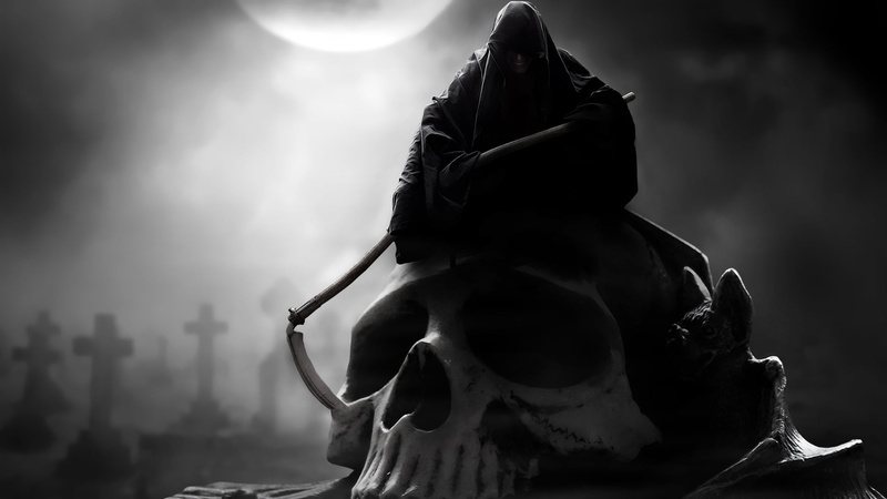 spirituality, history, gloomy, grim, hood, statue, the moon, horror, death, grave, monument, sky, representation, religion, illustration, 1080P, emotion