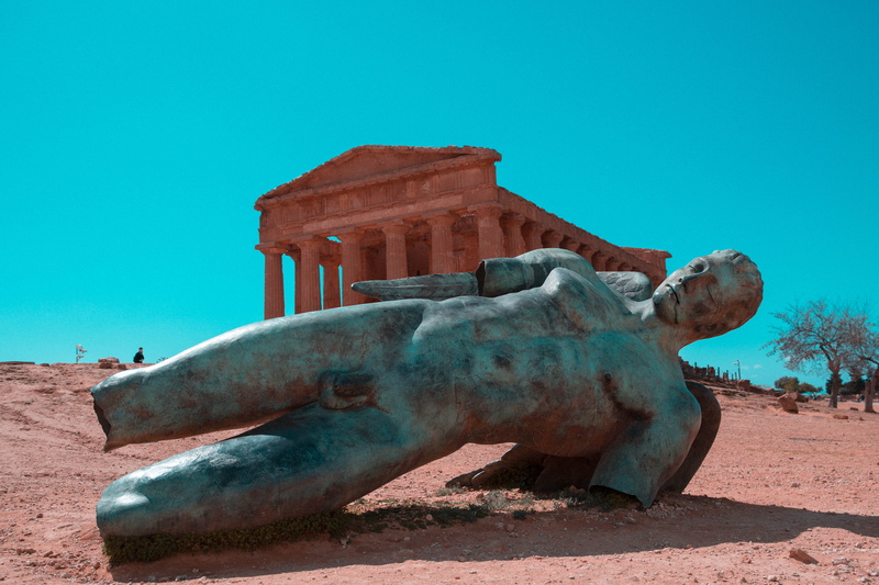 statue, greek, clear sky, blue, old, agrigento, land, art and craft, built structure, outdoors, day, valley of the temples, representation, ancient civilization