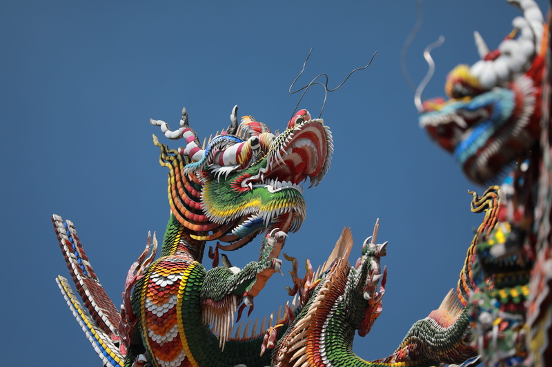 cut sticky, chinese dragon, multi colored, guandu temple, sculpture, no people, animal representation, sky, representation, temple, ornate, dragon, art and craft