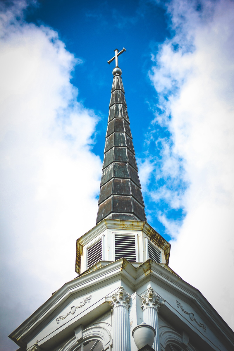low angle view, religion, lynchburg college, architecture, college, outdoors, tower, blue, place of worship, no people, spire, beautiful, built structure