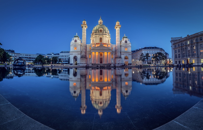 Church, pond, Karlsplatz, Carina, Austria, Karl Church, Vienna, 1080P, night city, reflection