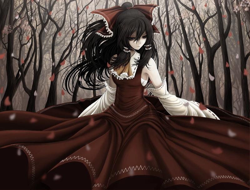 ponytails, trees, gothic, bows, ou, art, hd, hakurei, Touhou, 720P, miko, cherry, emo, reimu, maiden, brunettes, shrine, blossoms