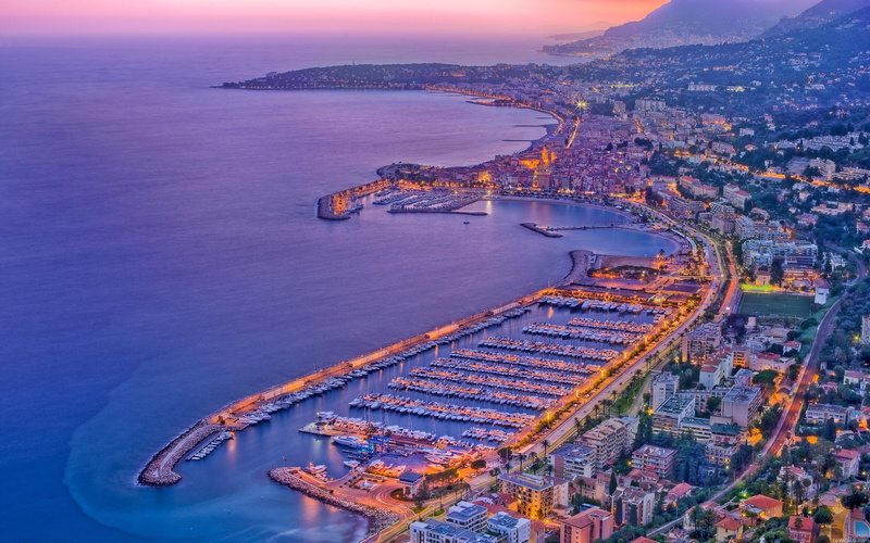 aerial view, sea, nature, city, 2K, built structure, water, Menton, dusk, travel destinations, building exterior, no people, cityscape, France, business