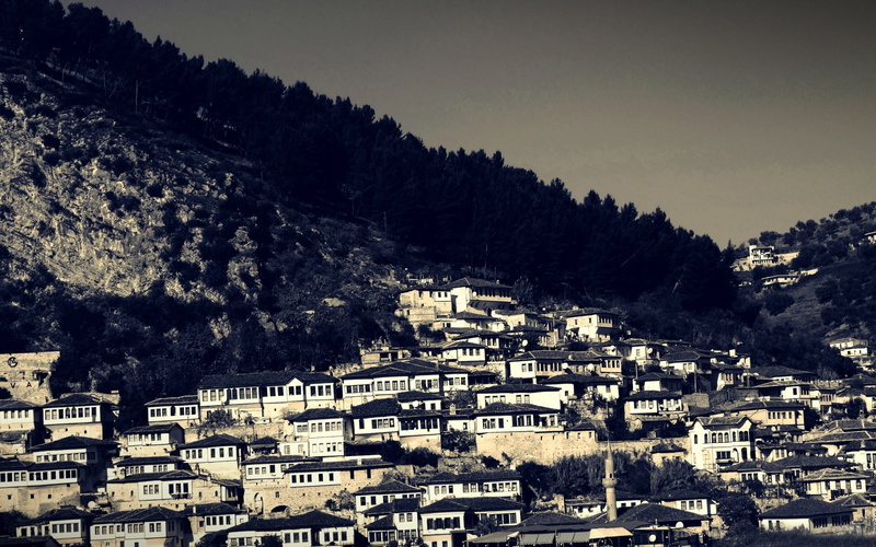 sky, town, settlement, high angle view, outdoors, tree, day, Berat Atakan, architecture, city, building exterior, nature, mountain, plant, no people, residential district