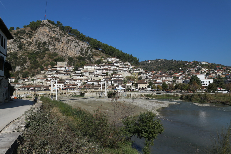 house, building exterior, 5K, outdoors, sky, nature, residential district, town, berat, townscape, city, built structure, tree, bridge, architecture, water