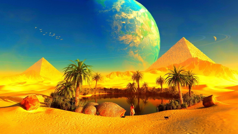 Pyramid, nature, plant, Landscape, sand dune, land, 1080P, blue, beauty in nature, no people, Planet, Fantasy, arid climate, climate, Desert, tranquility
