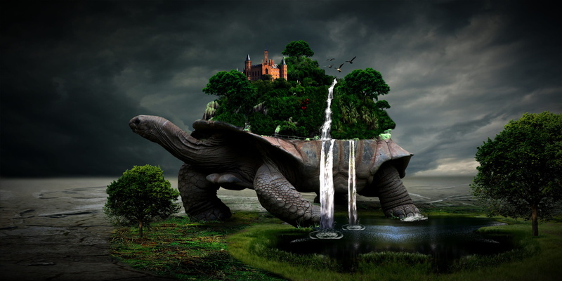 statue, tortoise, human representation, no people, representation, illustration, sculpture, cloud - sky, waterfalls, back, outdoors, lake, 2K, oasis, desert