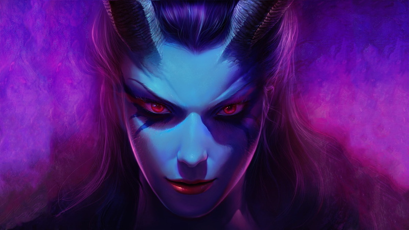 evil, dyed hair, glowing, headshot, Queen Of Pain, spooky, dota, women, studio shot, beautiful woman, purple, indoors, illuminated, portrait, 1080P, one person