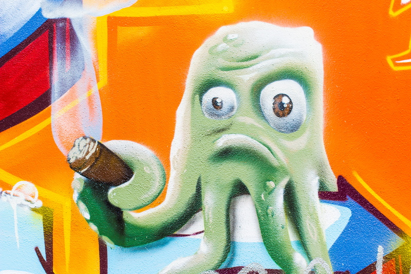urban art, street scene, animal representation, pest, facade, 5K, close-up, Orange, orange color, Cigar, day, mural, green, bad mood, painting, Nature