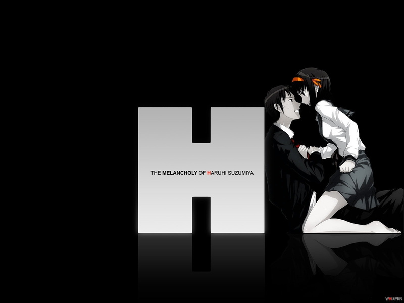 Kyon, reflection, anime girls, anime, black background, Suzumiya Haruhi, typography, 720P, The Melancholy of Haruhi Suzumiya