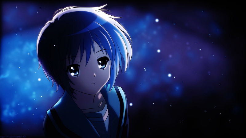 anime, haruhi, cartoon/comic, hair, 1080P, blue, face, character, hd, suzumiya