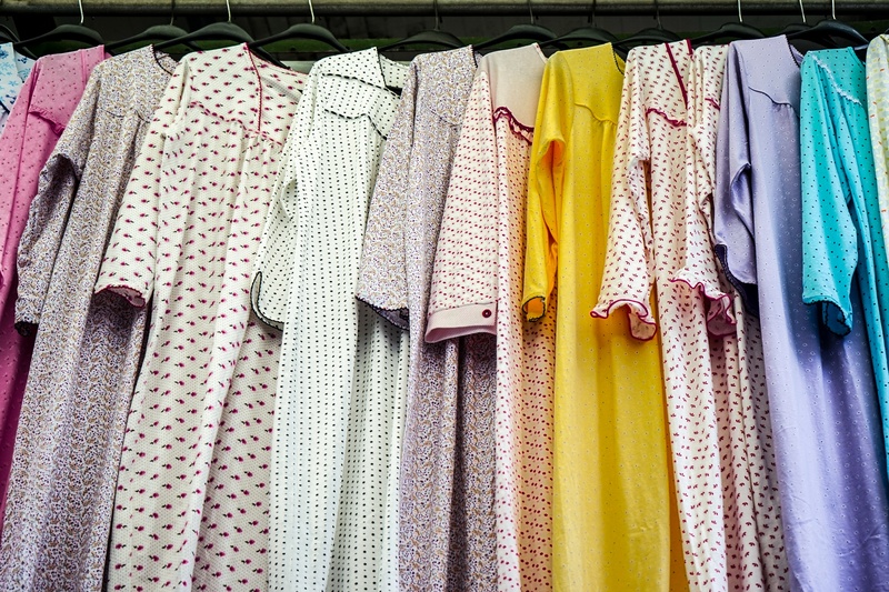 sleepwear, goods, hanging, cotton night shirt, woman, matron, buy, store, retail, close-up, retail display, multi colored, nightdress, market, business