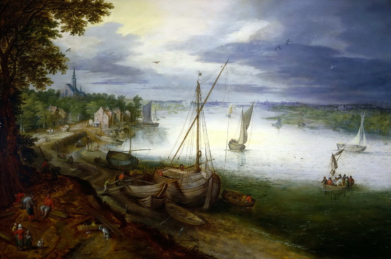 picture, river, landscape, 1080P, Jan Brueghel the younger, boat, View on the Scheldt near Antwerp