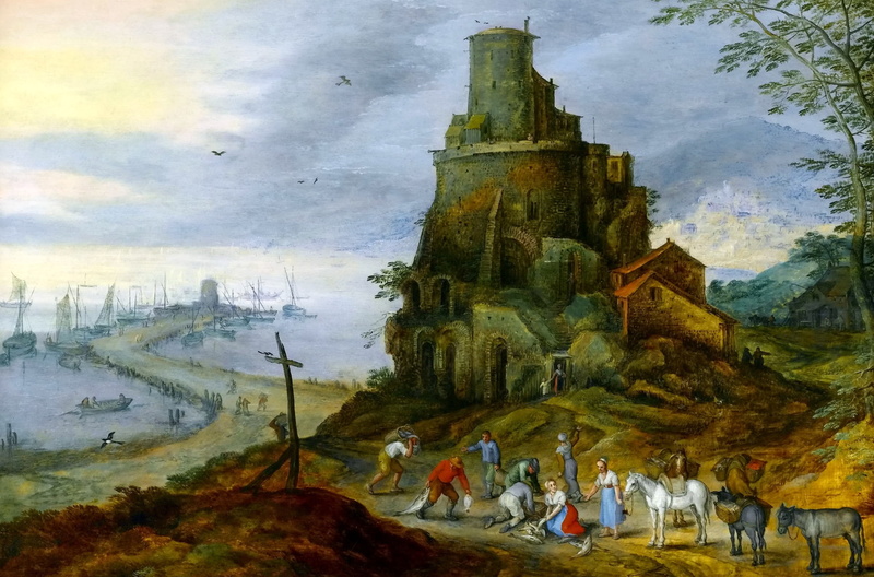 tower, picture, landscape, Jan Brueghel the younger, people, Sea Coast with Castle Ruins, 1080P