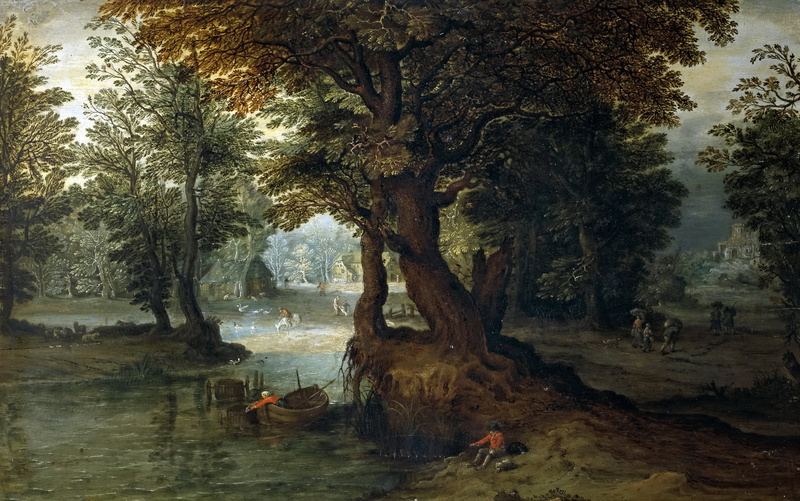 trees, forest, Forest Lake, house, picture, fisherman, Jan Brueghel the younger, 1080P, boat, landscape