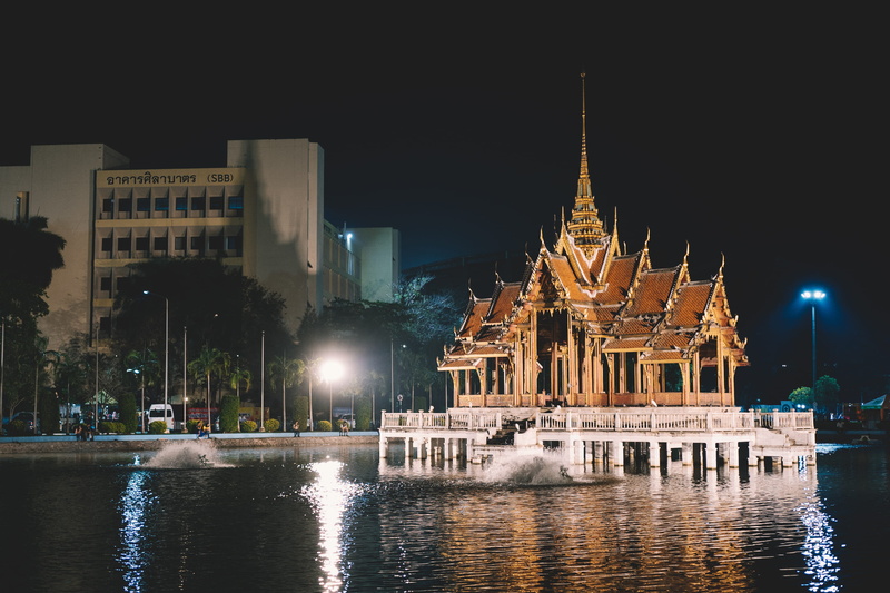temple, building, ramkhamhaeng university, thailand, spire, belief, no people, bangkok, water, college, nature, reflection, sky, city, lake, university