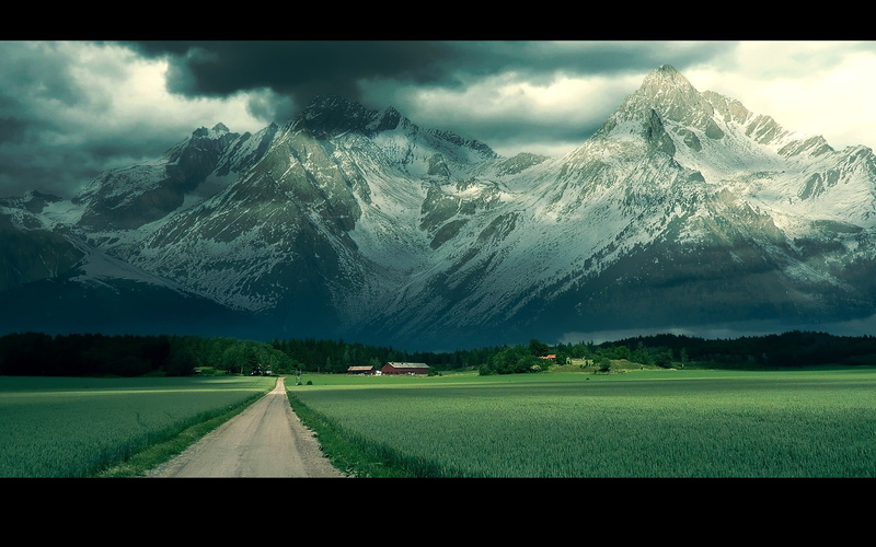 tranquility, green color, land, village, landscape, field, day, tranquil scene, no people, environment, snow, snowcapped mountain, cloud - sky, plant, transportation