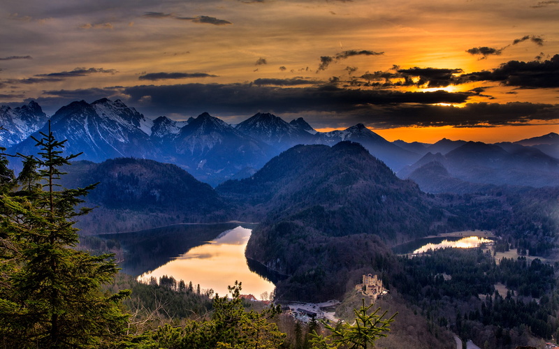 hohenschwangau, clouds, sunset, mountains, castle, landscape, 1080P, hd, lake, trees, nature