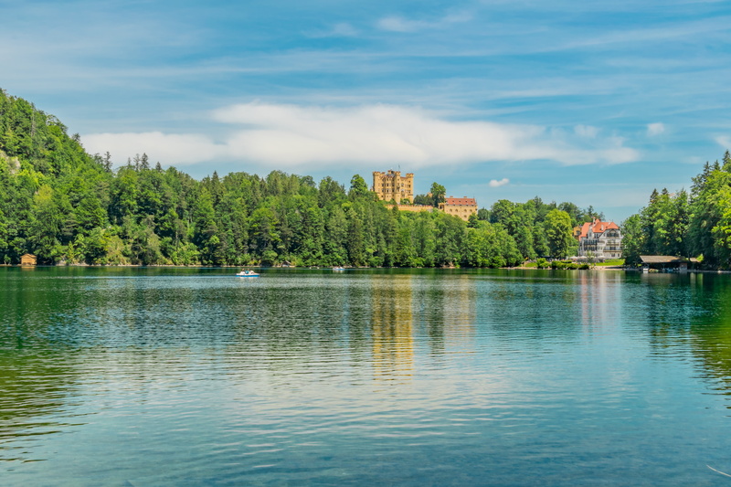 building, scenics - nature, allgäu, view, landmark, hohenschwangau, fairy castle, sky, cloud - sky, historically, outdoors, tree, lake, reflection, water