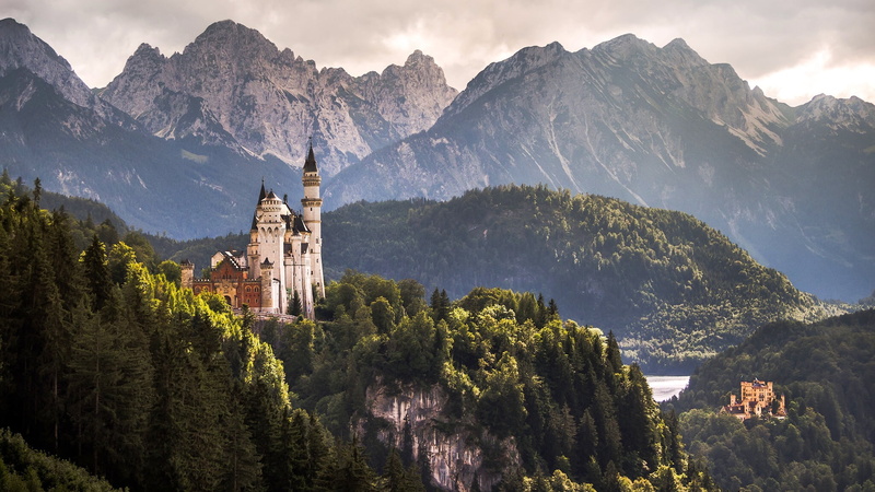 architecture, Castle Hohenschwangau, building, gray, nature, sky, the past, Germany, Bavaria, mountains, 1080P, Bayern, locks, Hohenschwangau Castle, Alps