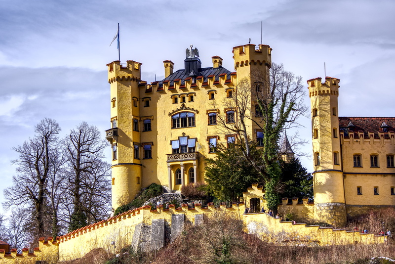 travel destinations, historically, building exterior, places of interest, tree, the past, hdr, baroque, fairy tales, cloud - sky, allgäu, hohenschwangau