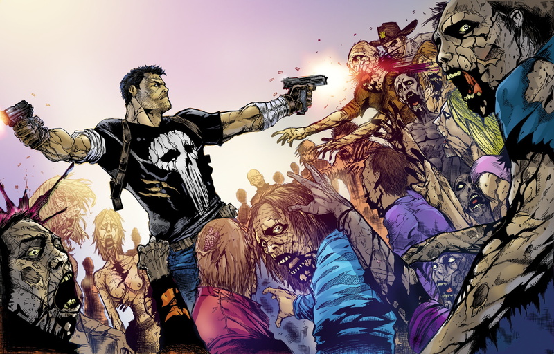 illustration, punisher, real people, the Punisher, 2K, zombies, animal wildlife, nature, creativity, human representation, male likeness, statue, The Walking Dead