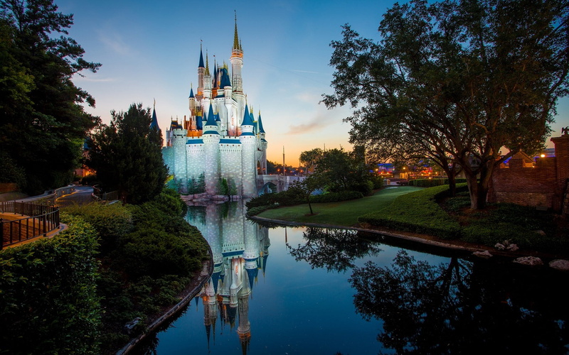 spire, castle, no people, dusk, reflection, europe, outdoors, tower, grass, water, disney, building, urban Scene, sky, cultures, town, christianity, nature