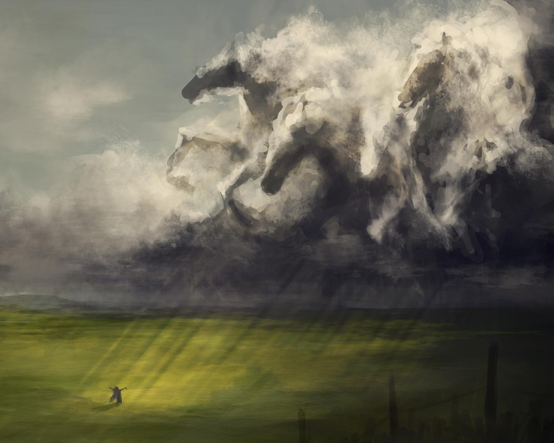 magic, cloud, rain, sky, 3d and abstract, painting, like, shape, horse, grass, 1080P