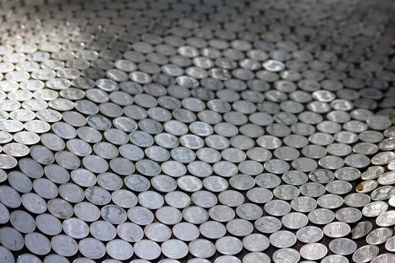 indoors, close-up, focus on foreground, circle, textured, alloy, industry, geometric shape, abundance, silver colored, no people, money, gray, mint, Money