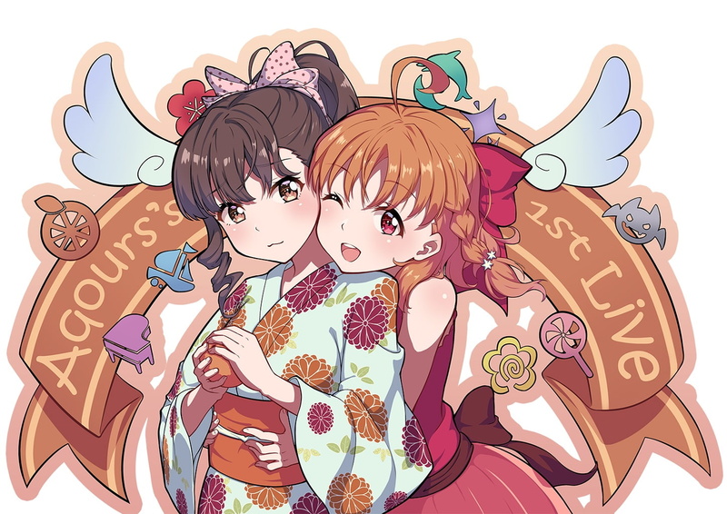 takami, wink, short, com, braids, ponytail, bow, eyes, 720P, brown, yukata, orange, kohaku, inami, 236981, (ambermoe), hug, clothes, chika, 2girls, japanese