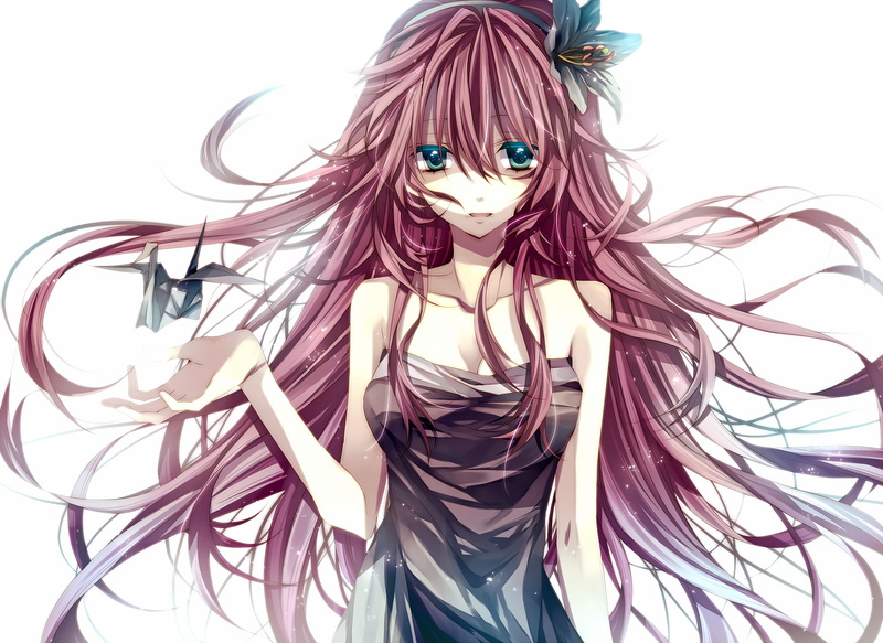 art, tsukiho, luka, anime, hair, vocaloid, 720P, megurine, simple, pink, origami, tsukioka, x, people, girls, background, hd
