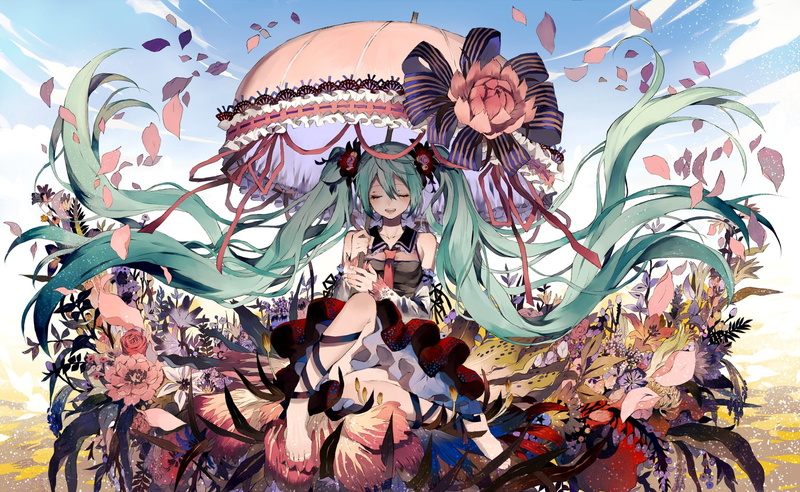 twintails, petals, blush, ribbons, 720P, miku, flowers, aqua, hair, tie, dress, barefoot, long, umbrella, vocaloid, hatsune, tsukiho, tsukioka