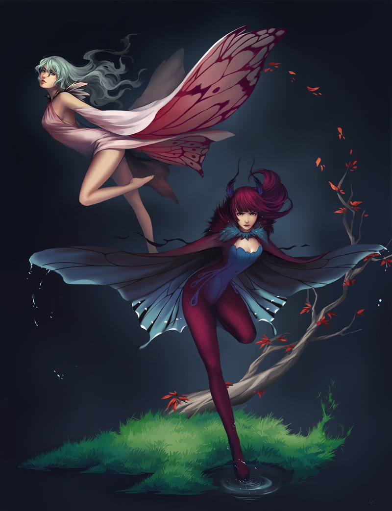fairies, plants, 720P, Unodu, women, two women, branch, drawing, floating
