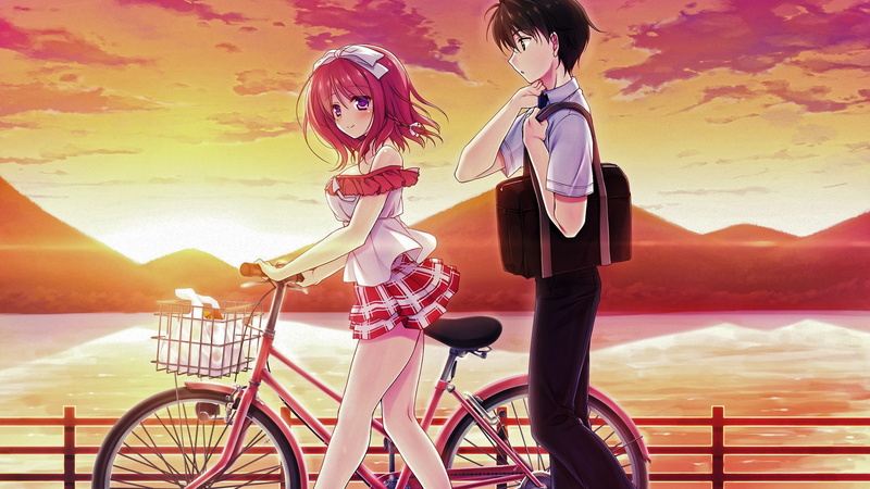 visual novel, Kimi no Tonari de Koishiteru!, adult, cloud - sky, leisure activity, people, water, transportation, activity, side view, bicycle, standing