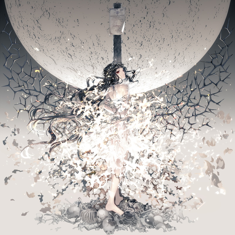 silver colored, technology, white dress, indoors, front view, adult, digital composite, nature, isekai goumon-hime, women, illuminated, human body part