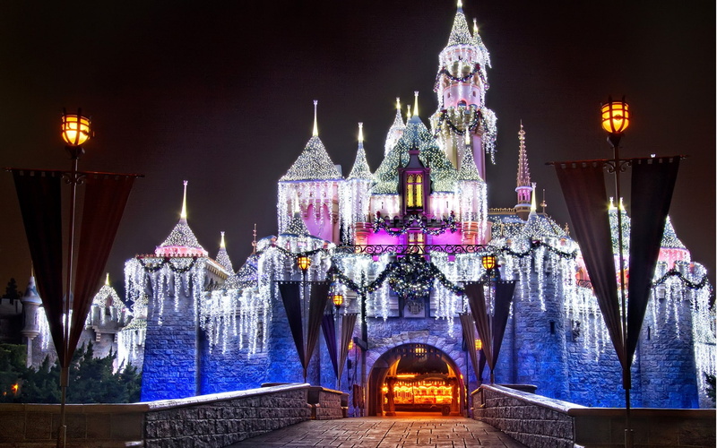 castle, lights, 1080P, cityscape, Disneyland