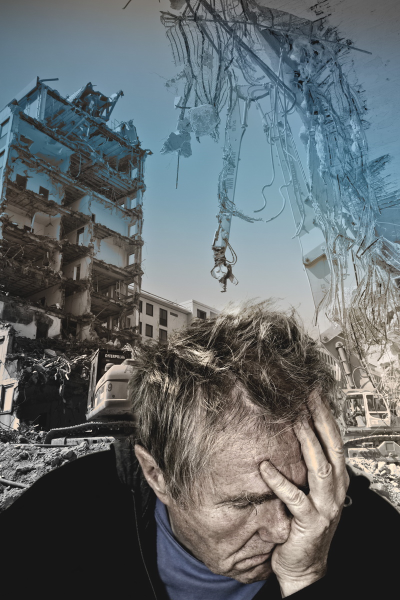 outdoors, headshot, face, anguish, one person, wearing, built structure, building exterior, black, holding, help, tree, disaster, adult, portrait, real people