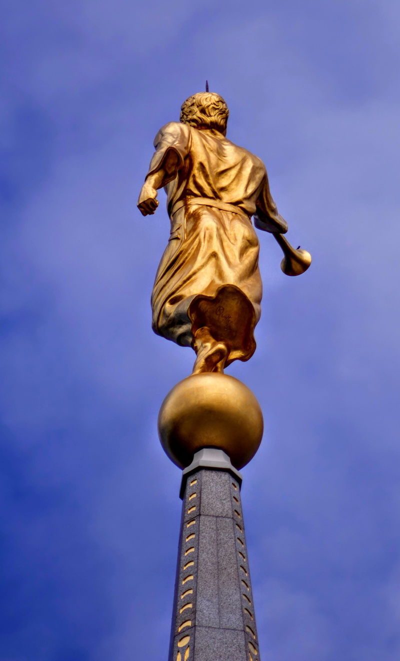 angel, architectural column, cloud - sky, creativity, mormon, travel destinations, sunlight, person, sky, the past, bronze, monument, gold, blue sky, craft