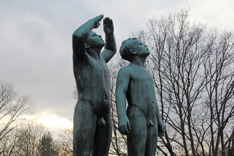 sculpture, spooky, norway, nature, winter, craft, nordic, bare tree, Fantastic, cloud - sky, gustav vigeland, angel, human representation, male likeness