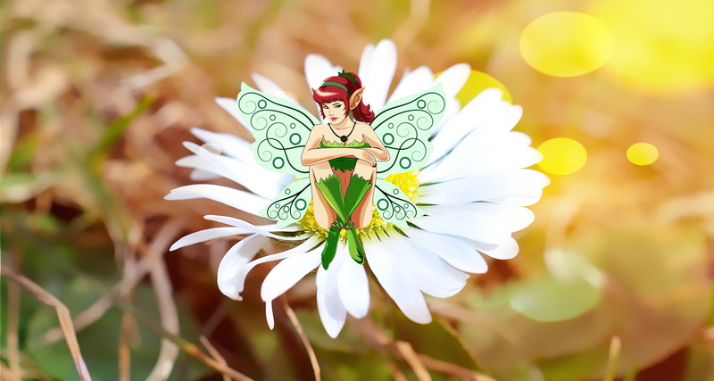 fantasy figure, white, flowering plant, fantasy, Daisy, vulnerability, focus on foreground, sunlight, painting, close-up, fantasyland, freshness, springtime