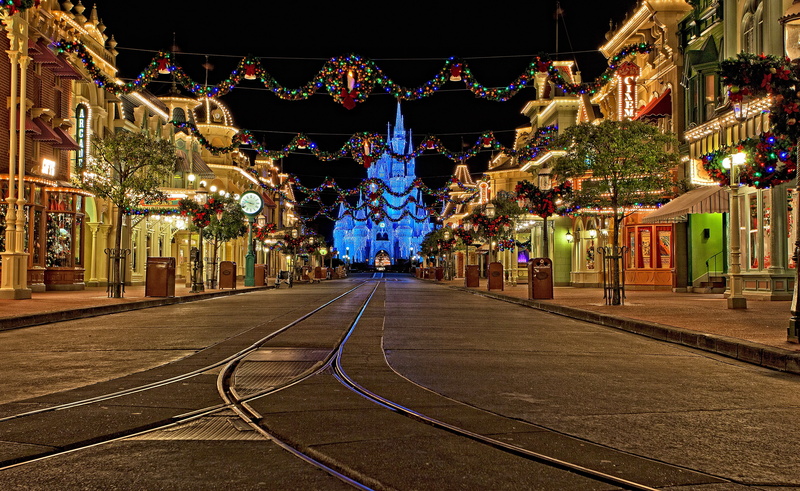 Anaheim, Parks, garland, CA, street, decoration, USA, Christmas, Disneyland, 2K, New Year, night