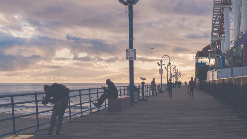 california, bridge, pier, sea, railing, human, nature, direction, los angeles, architecture, people, banister, sunset, building, women, footpath, the way forward