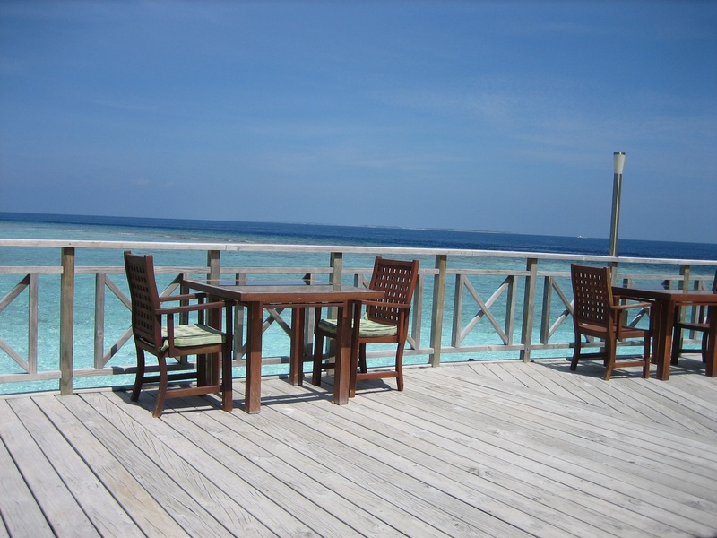 nature, wood - material, scenics - nature, sea, 2K, beach, beauty in nature, water, chair, table, bandos island, wood, land, tranquil scene, day, wood paneling