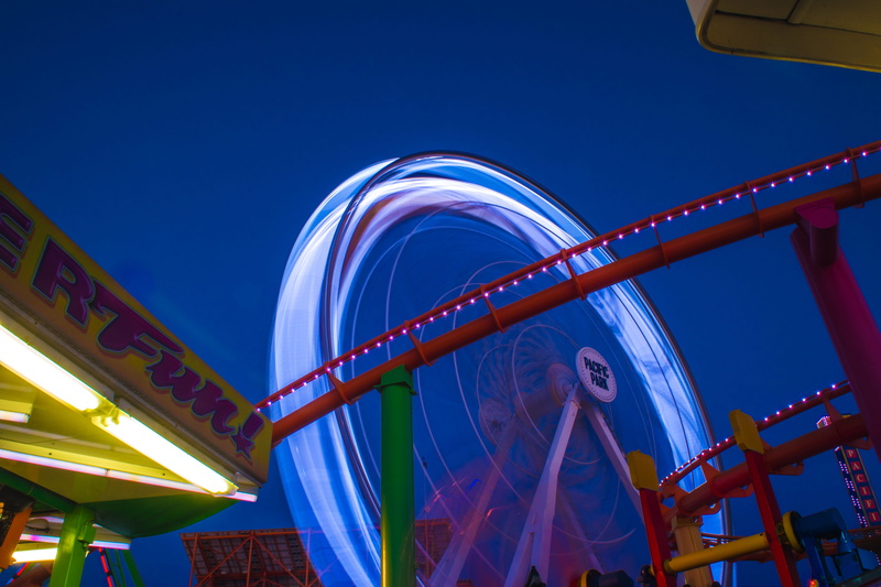 long, rollercoaster, blue, low angle view, light trails, motion, wheel, outdoors, enjoyment, leisure activity, people, illuminated, pacific, sky, night