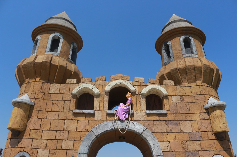 outdoors, built structure, architecture, clear sky, child, women, fairy tale, history, travel, low angle view, 5K, day, one person, building, building exterior