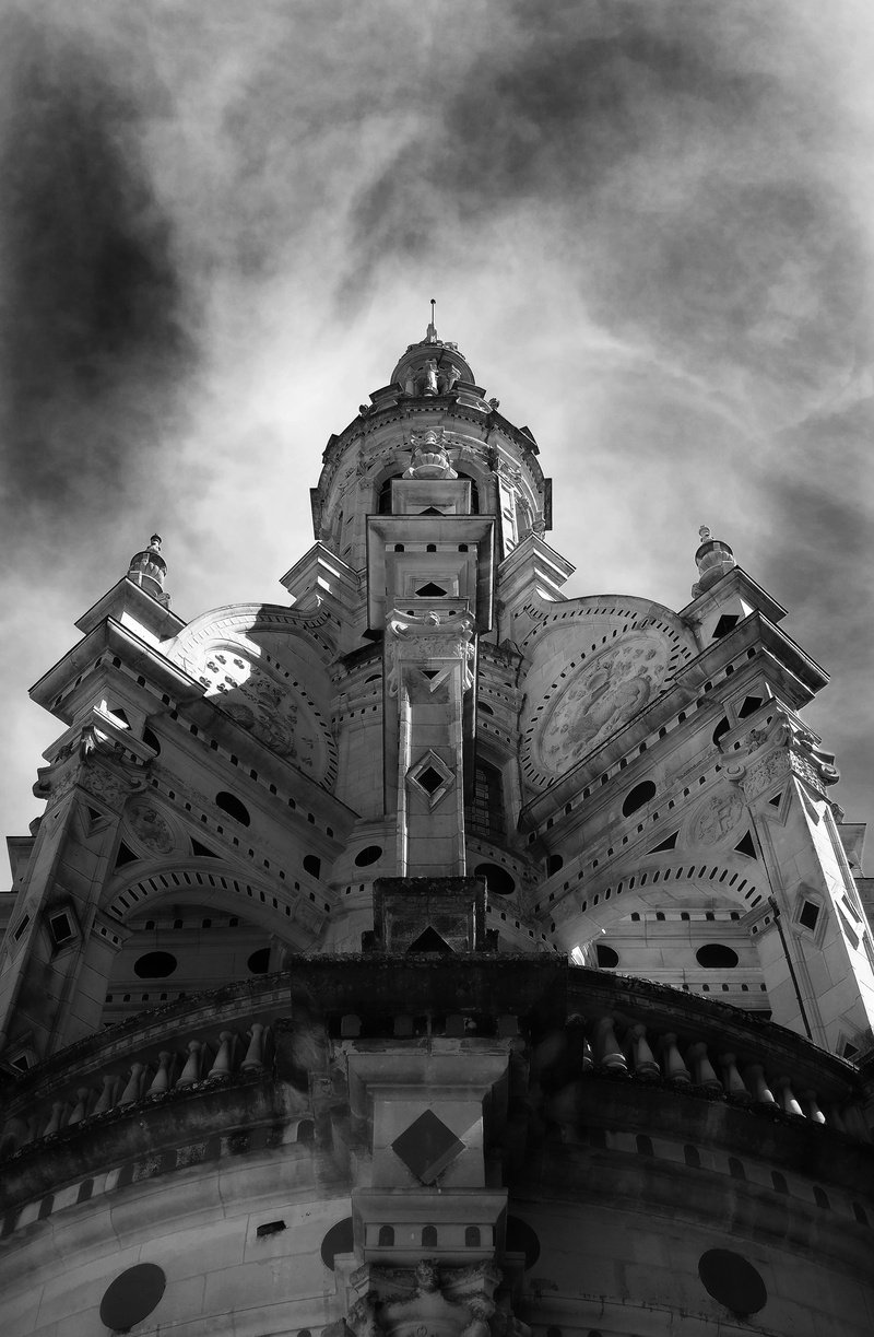 black and white, height, clouds, castle, place of worship, belief, sky, gothic style, building exterior, history, nuageux, high, 4K, travel destinations