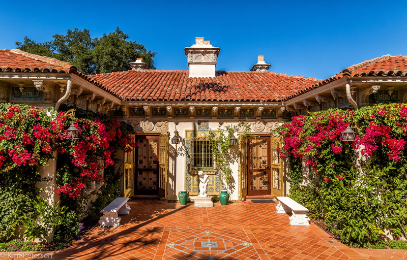 the bushes, flowers, CA, design, lights, 5K, Hearst Castle, statue, benches, the sun, USA, the sky, door