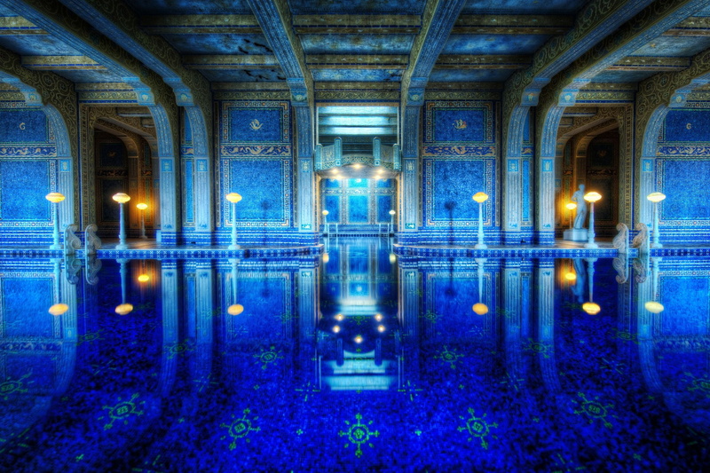 connection, tourism, water, reflection, building, travel Destinations, night, wall, diminishing perspective, history, built Structure, Hearst Castle, no people