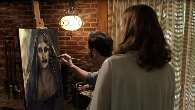 paintbrush, brown hair, 1080P, skill, brush, waist up, artist, occupation, standing, creativity, art and craft, casual clothing, movies, the conjuring 2